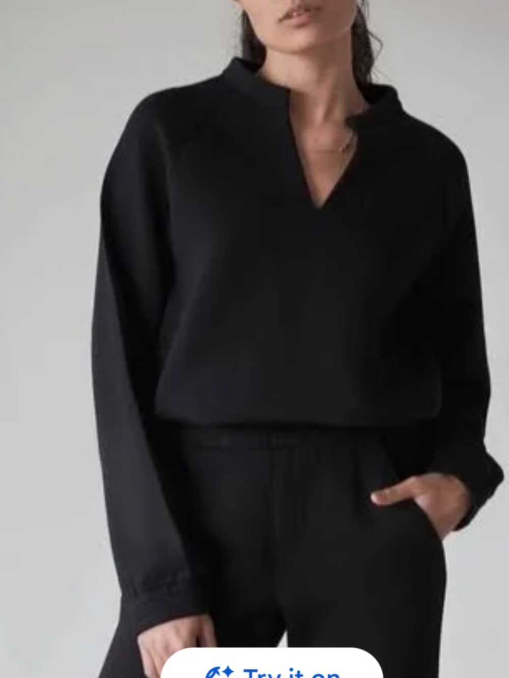 LEZE THE LABEL Athena Scuba Split V-Neck Sweatshirt Pullover Black XS